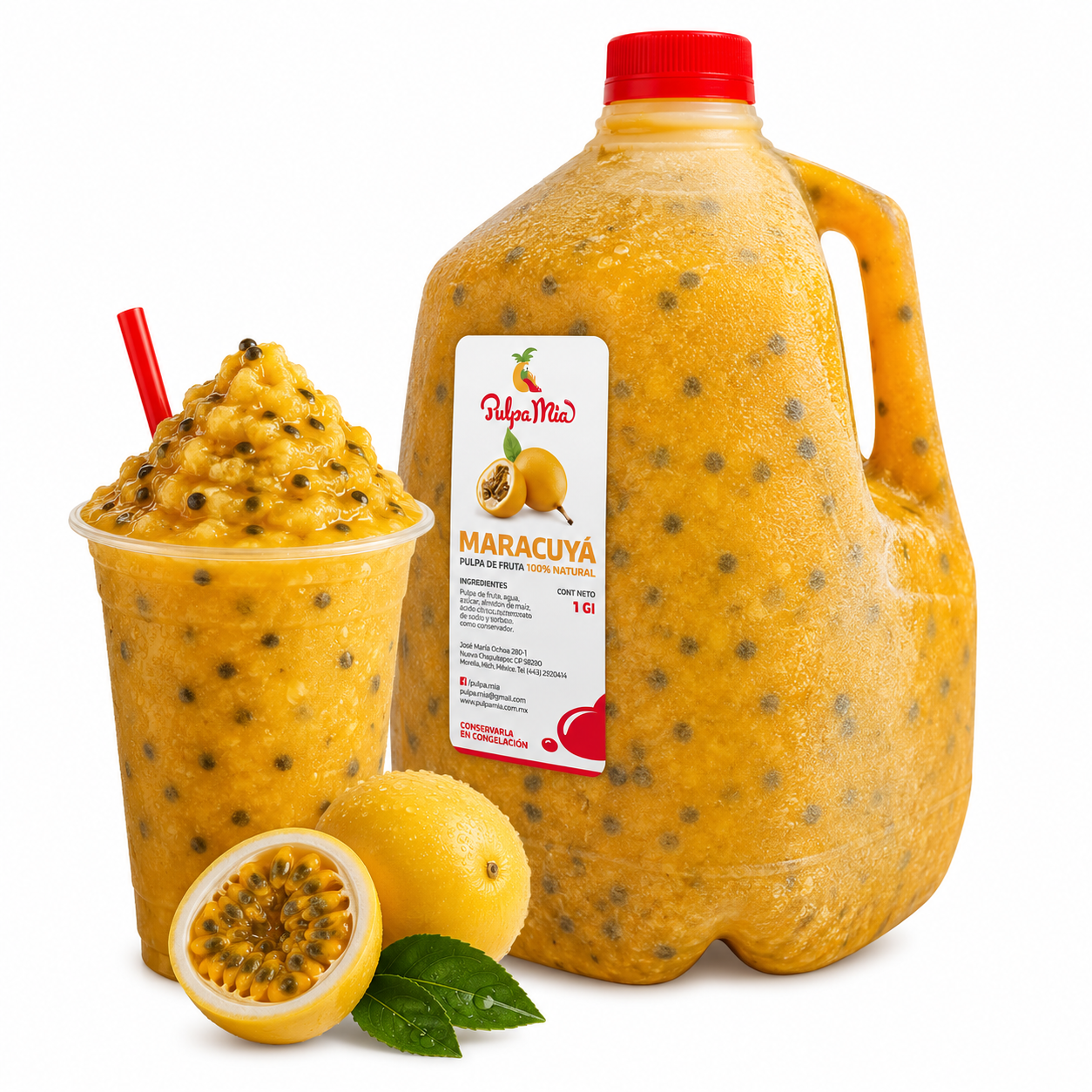 Frappé de maracuyá preparado con pulpa Pulpamia