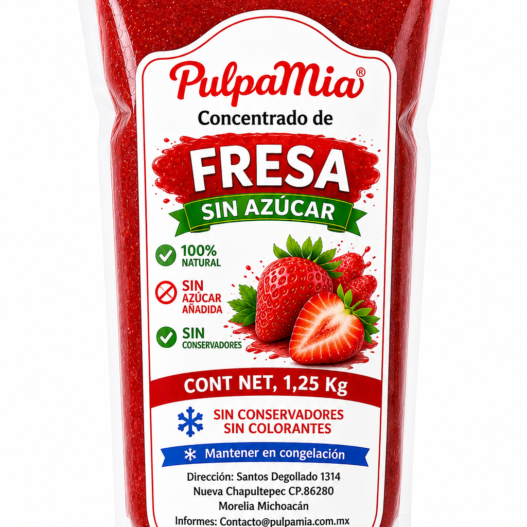 Envase de concentrado de fresa sin azúcar Pulpamia 1.25 kg 100% natural con fondo blanco