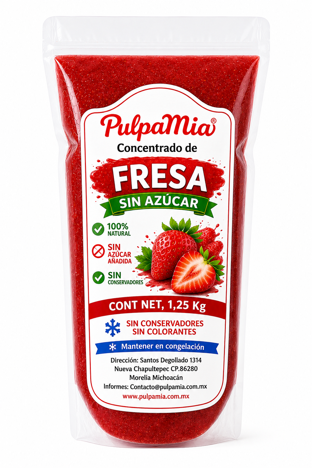 Envase de concentrado de fresa sin azúcar Pulpamia 1.25 kg 100% natural con fondo blanco