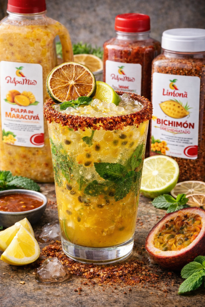 mojito de maracuya preparado con pulpa pulpamia hierbabuena limon y bichimon