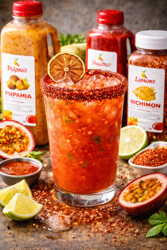 michelada de maracuya preparada con pulpa pulpamia chamoy limon deshidratado y bichimon