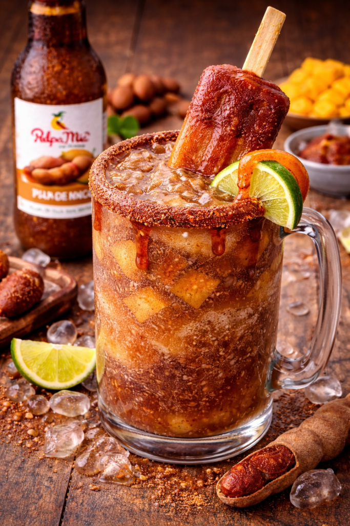 cerveza preparada de tamarindo con pulpa pulpamia chamoy limon chile y paleta de chamoy