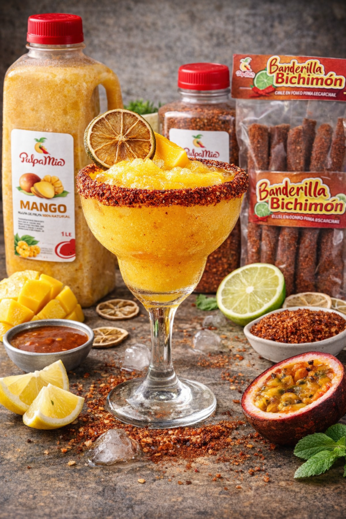 margarita de mango preparada con pulpa pulpamia chamoy limon deshidratado y bichimon
