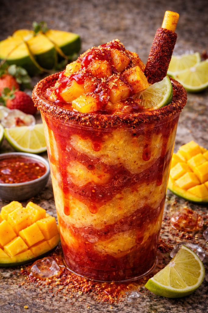 mangonada preparada con pulpa de mango chamoy limon deshidratado bichimon y mango natural