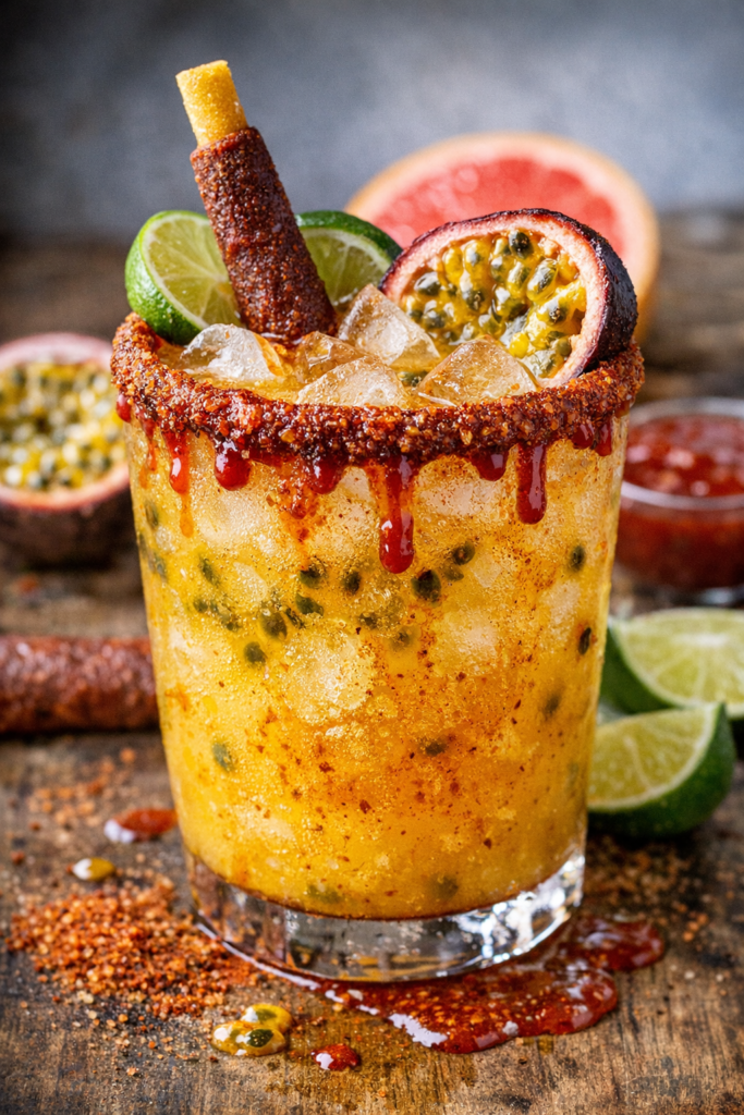 mezcalada de maracuya preparada con pulpa pulpamia vaso escarchado con chamoy y chile bebida tropical