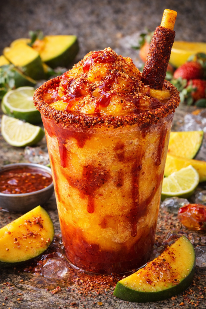 chamoyada de mango preparada con pulpa de mango chamoy limon deshidratado y bichimon bebida mexicana
