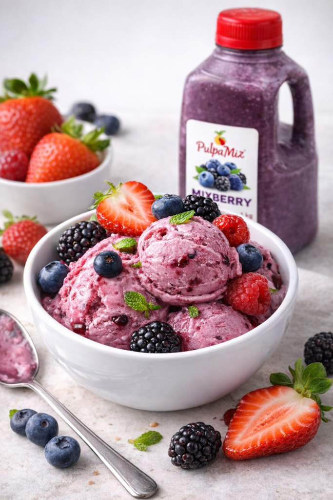 helado de mix berry con leche preparado con pulpa mix berry pulpamia