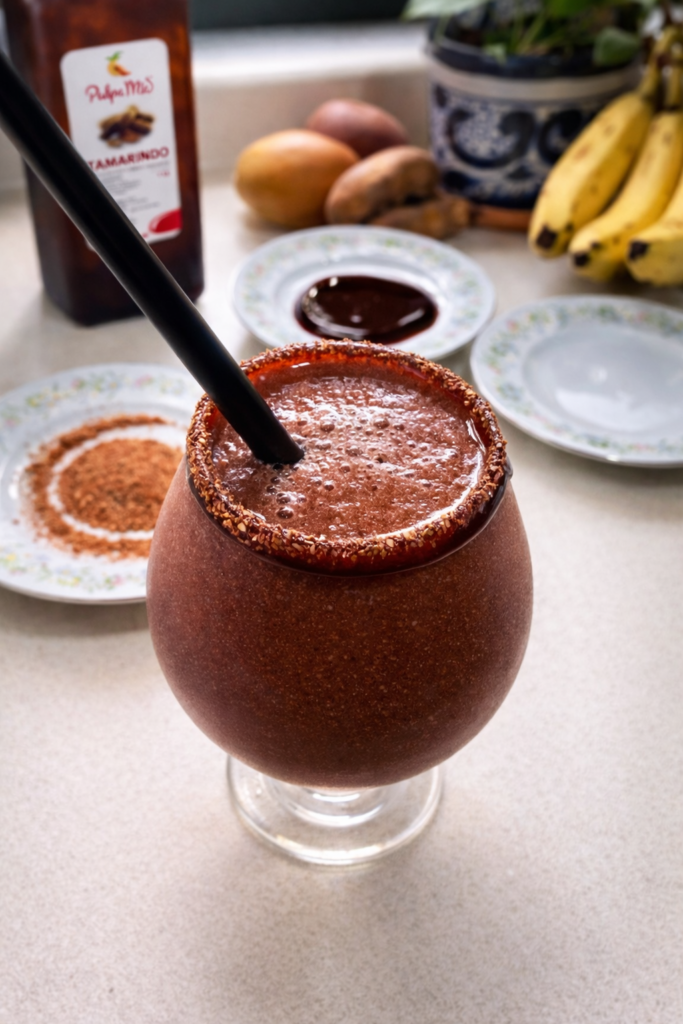 Primer plano de un frappe diablito de chabacano con pulpa de tamarindo y borde escarchado con chile.