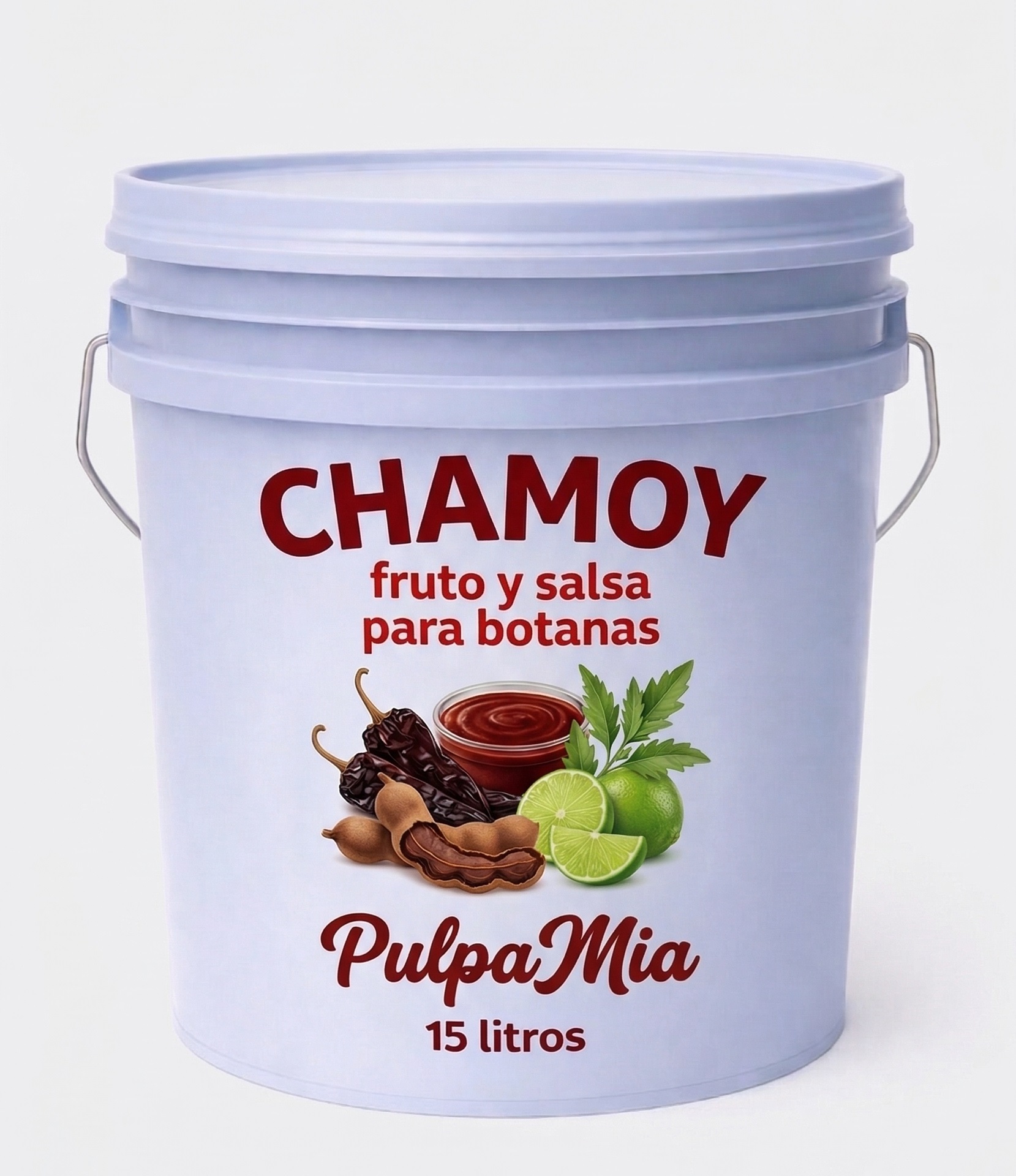 Cubeta de 15 litros de Chamoy marca PULPAMIA, con diseño de etiqueta que incluye chiles secos, tamarindo y limones frescos sobre un fondo limpio.