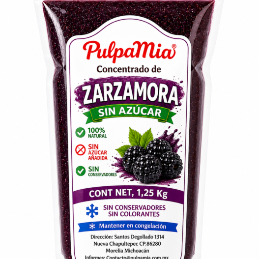 Envase de concentrado de zarzamora sin azúcar Pulpamia 1.25 kg 100% natural con fondo blanco