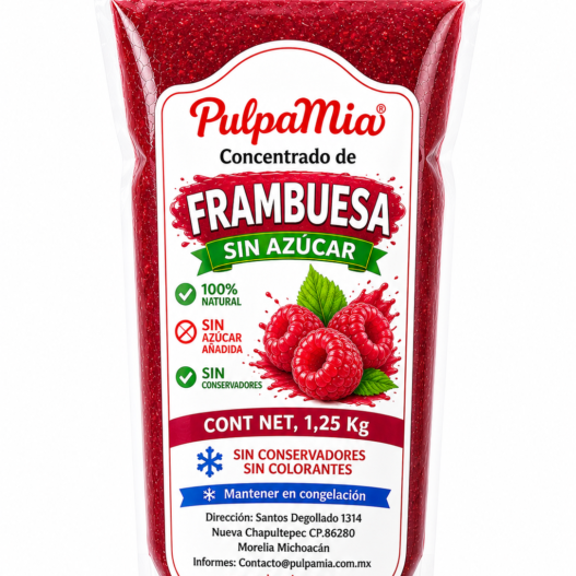 Envase de concentrado de frambuesa sin azúcar Pulpamia 1.25 kg 100% natural con fondo blanco