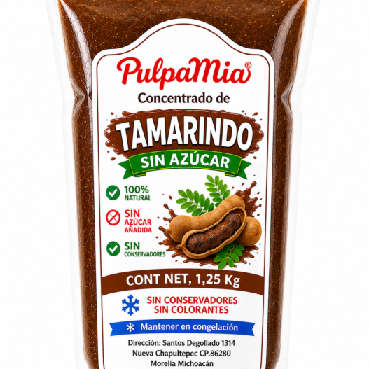 Envase de concentrado de tamarindo sin azúcar Pulpamia 1.25 kg 100% natural con fondo blanco