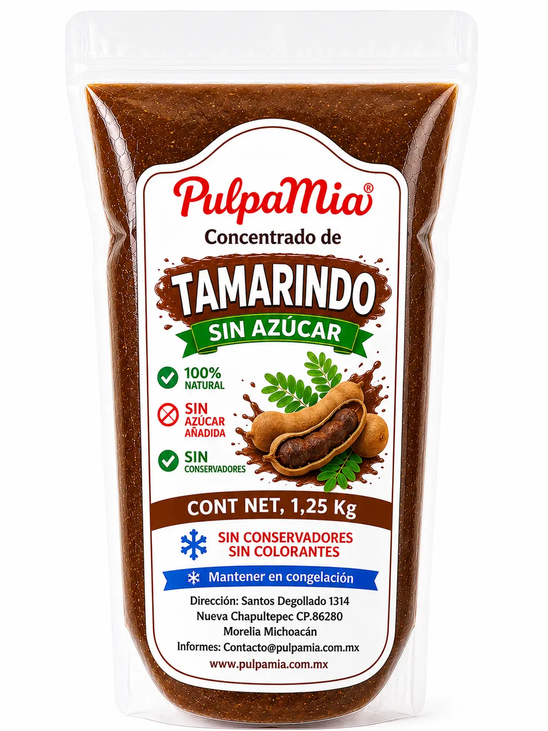 Envase de concentrado de tamarindo sin azúcar Pulpamia 1.25 kg 100% natural con fondo blanco