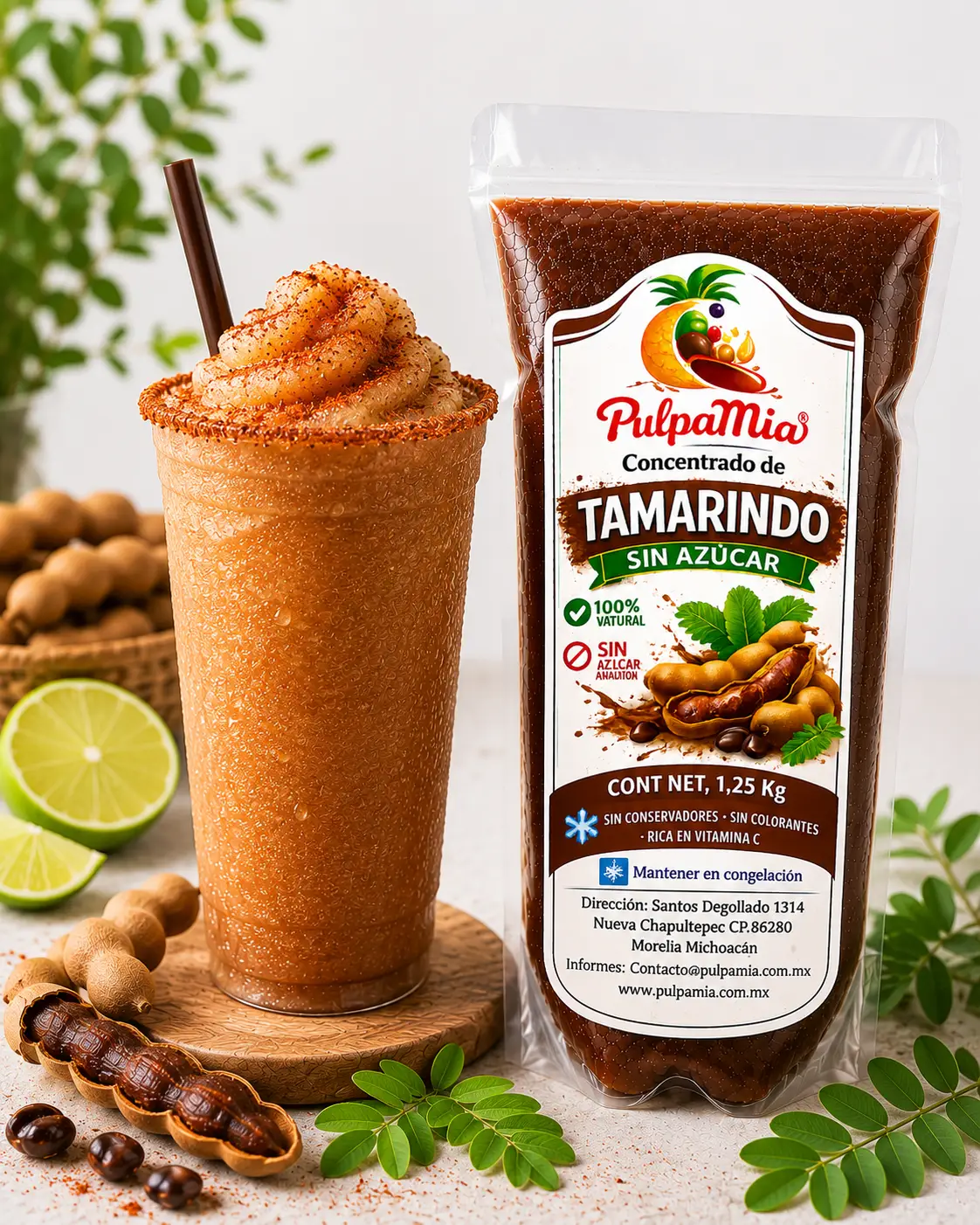 Frappé de tamarindo estilo agua con chamoy preparado con concentrado de tamarindo sin azúcar Pulpamia acompañado del envase de 1.25 kg