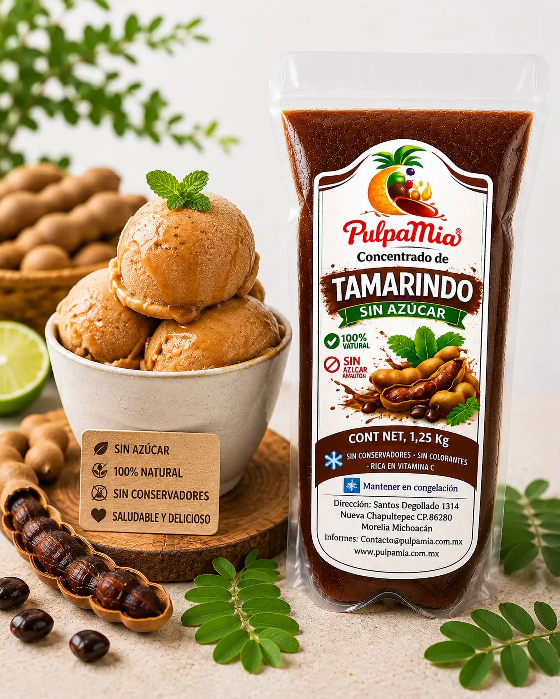 Helado saludable de tamarindo preparado con concentrado de tamarindo sin azúcar Pulpamia acompañado del envase de 1.25 kg