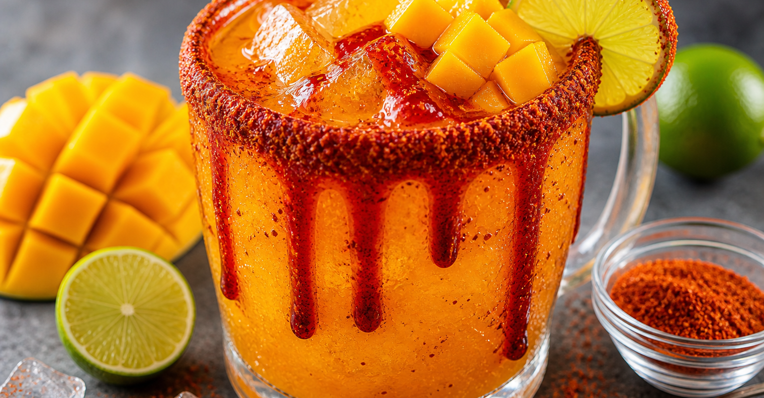michelada de mango con chamoy escarchada preparada con pulpa de fruta