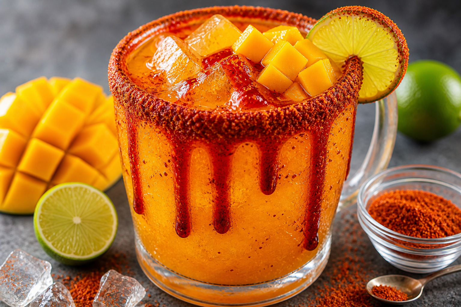michelada de mango con chamoy escarchada preparada con pulpa de fruta