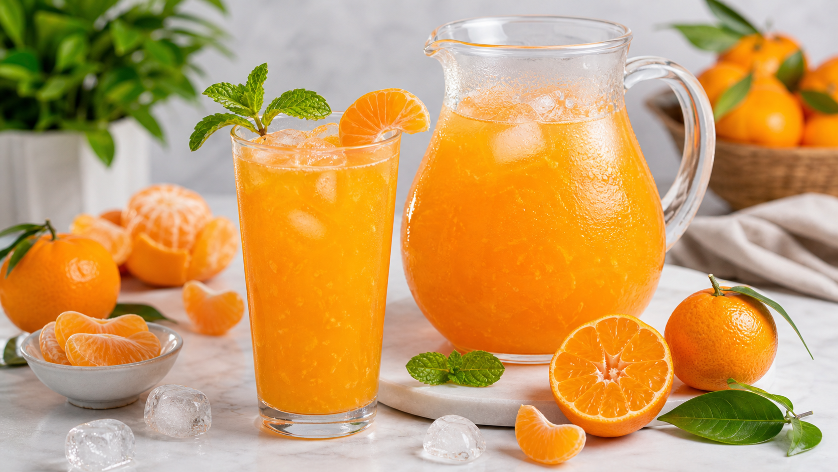Agua fresca de mandarina con pulpa Pulpamia servida con hielo