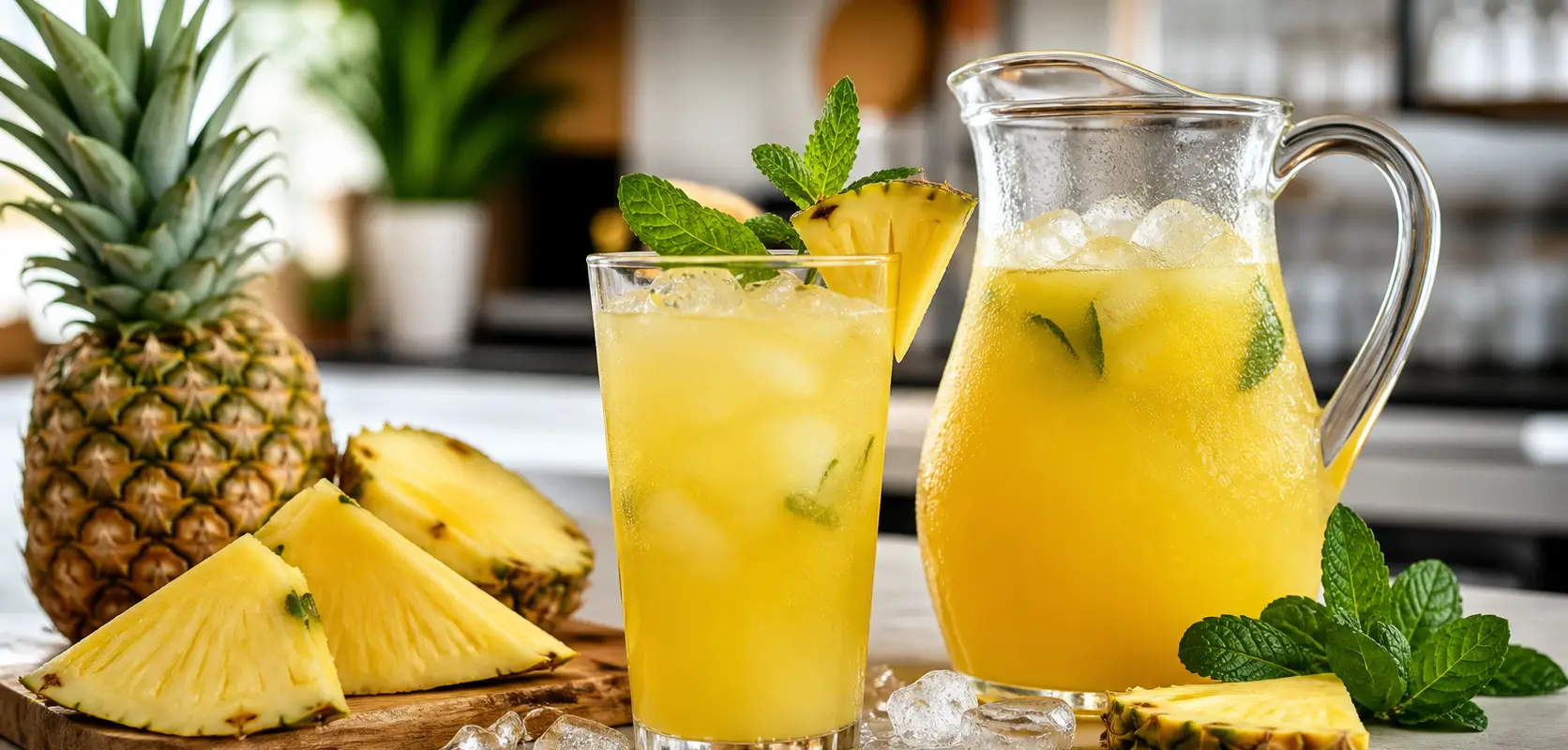 Agua fresca de piña con hierbabuena y pulpa Pulpamia servida con hielo