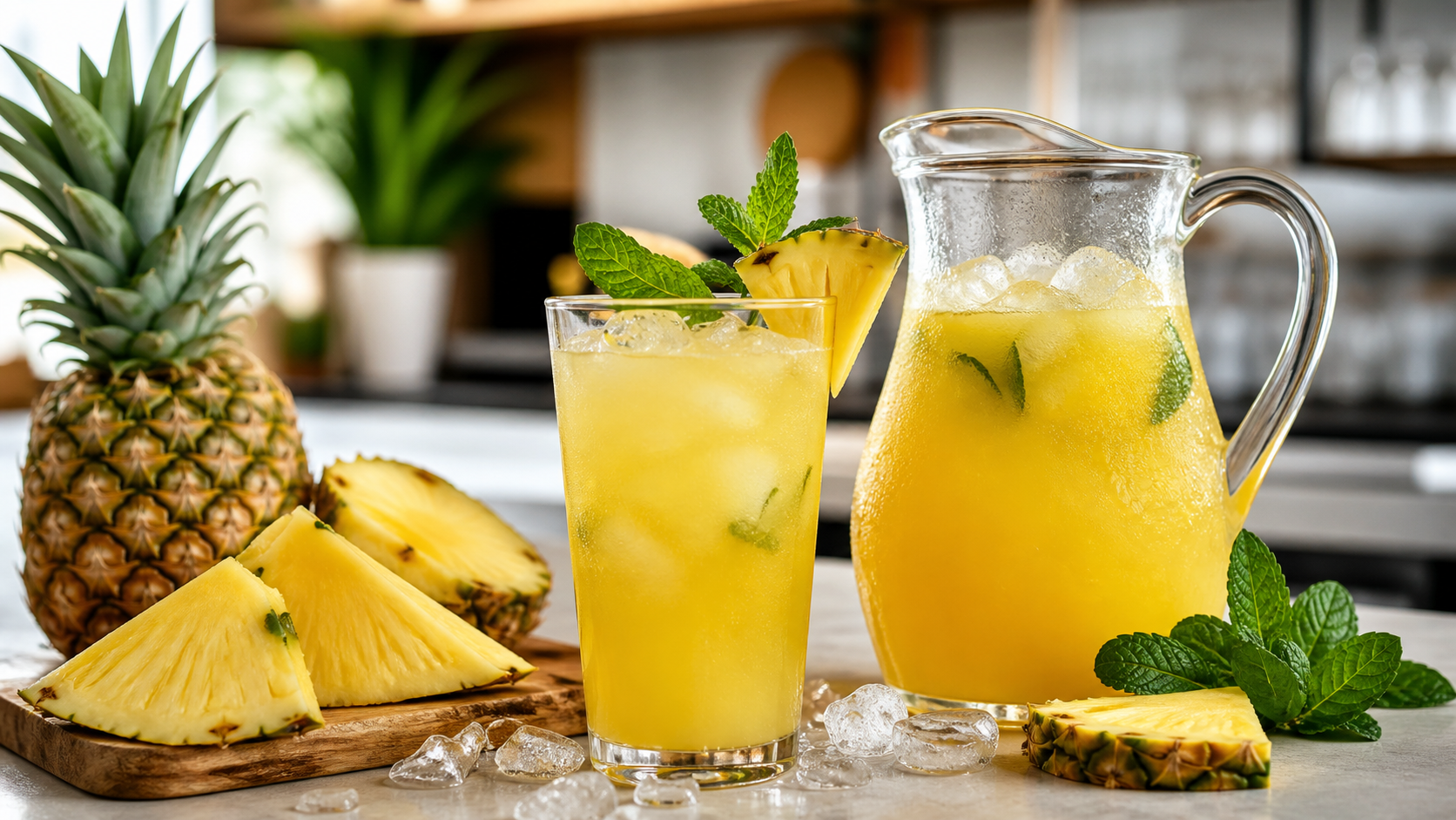 Agua fresca de piña con hierbabuena y pulpa Pulpamia servida con hielo
