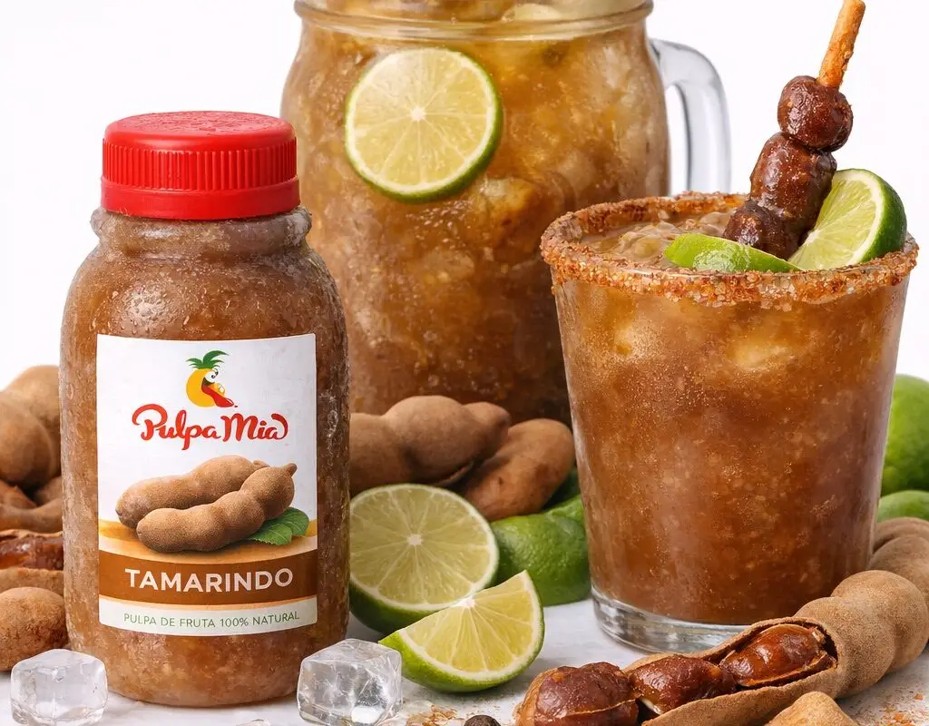 Agua fresca de tamarindo con pulpa Pulpamia servida fría