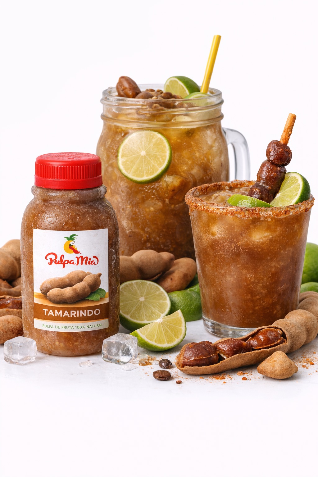Agua fresca de tamarindo con pulpa Pulpamia servida fría
