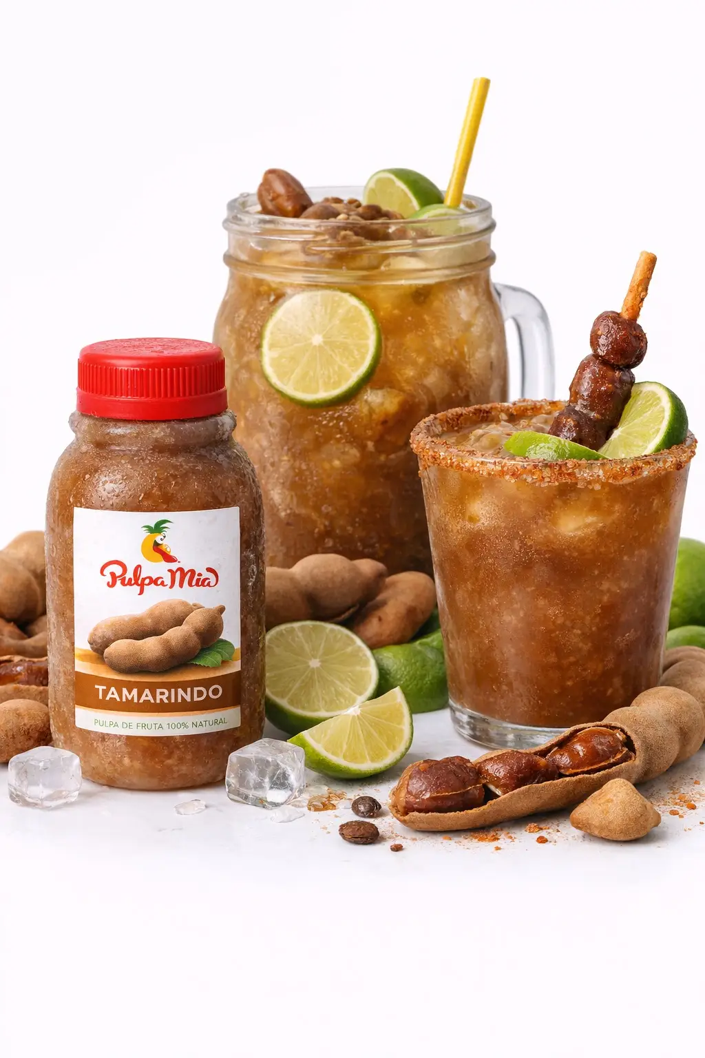 Agua fresca de tamarindo con pulpa Pulpamia servida fría