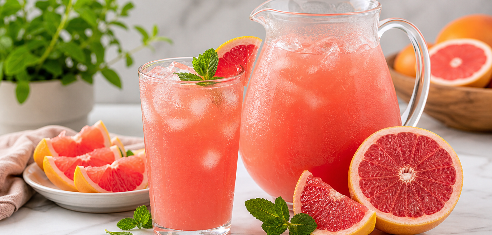 Agua fresca de toronja con pulpa Pulpamia servida con hielo