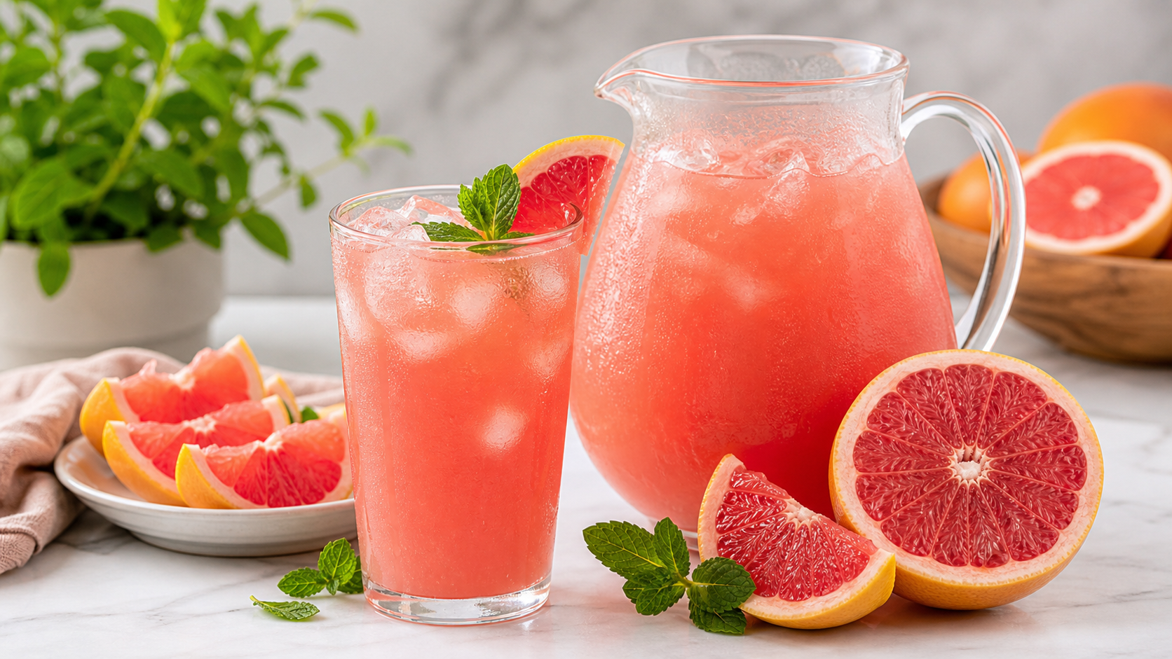 Agua fresca de toronja con pulpa Pulpamia servida con hielo