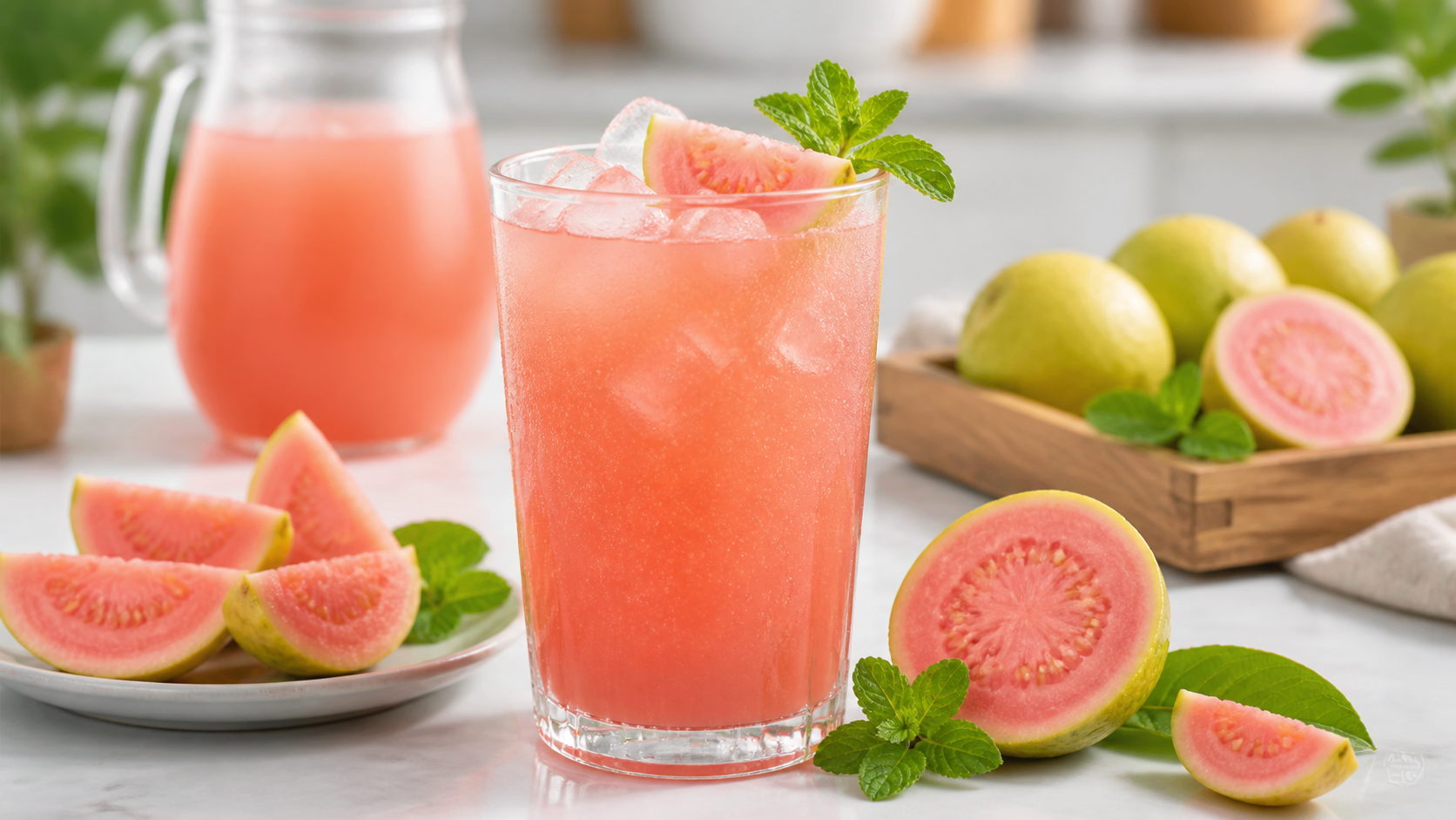 Agua de Guayaba rosa con pulpa para aguas frescas en vaso con hielo