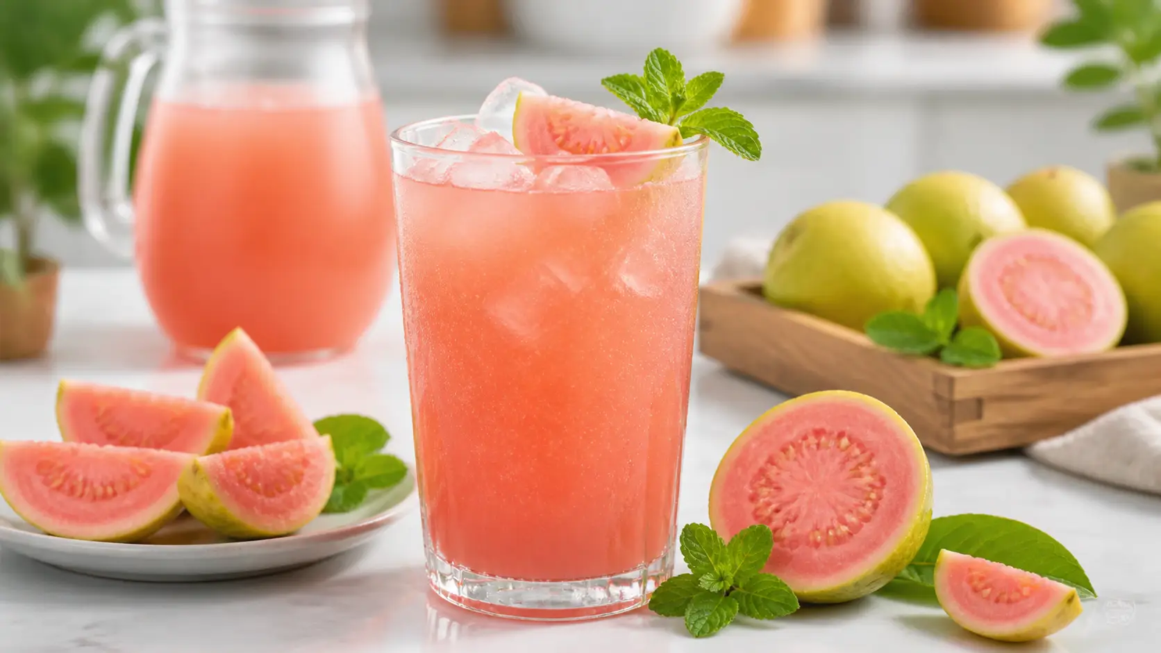 Agua de Guayaba rosa con pulpa para aguas frescas en vaso con hielo