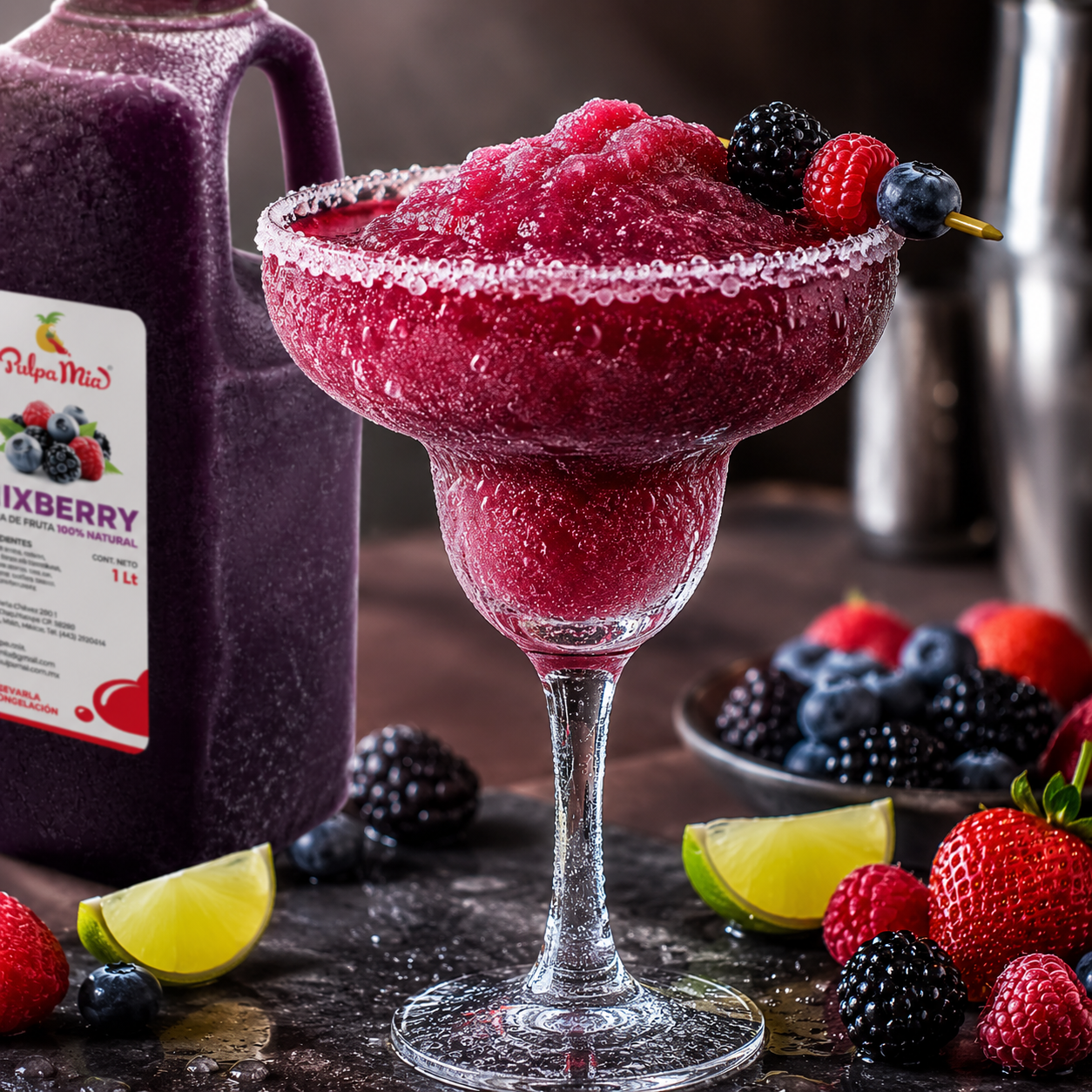 Bebida final smoothie de Mixberry Pulpamia smoothie de Mixberry con pulpa Pulpamia servido como bebida final