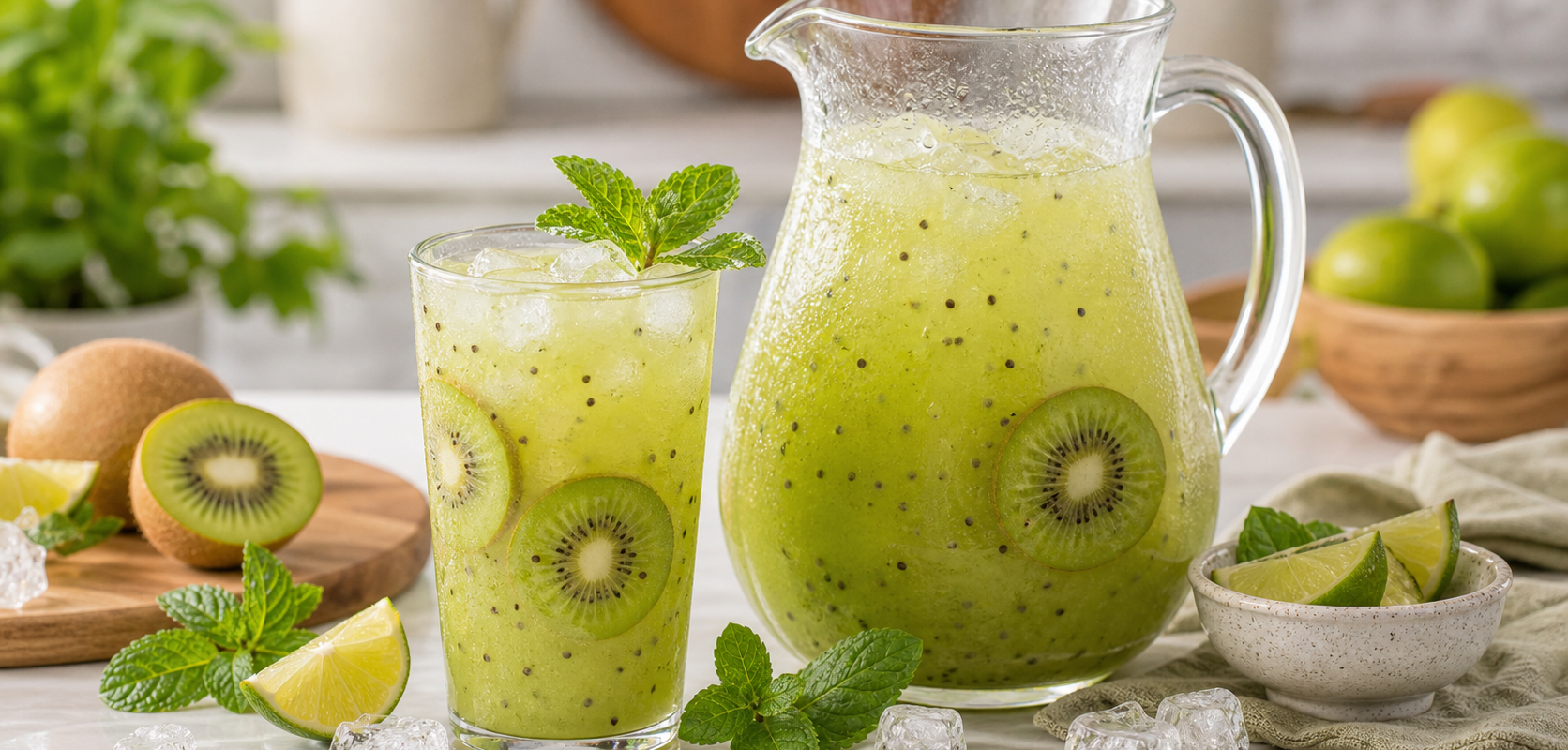 Limonada de kiwi con pulpa Pulpamia servida con hielo y limón