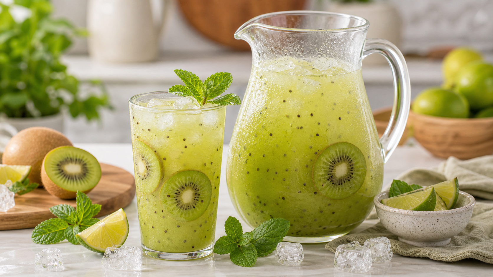 Limonada de kiwi con pulpa Pulpamia servida con hielo y limón
