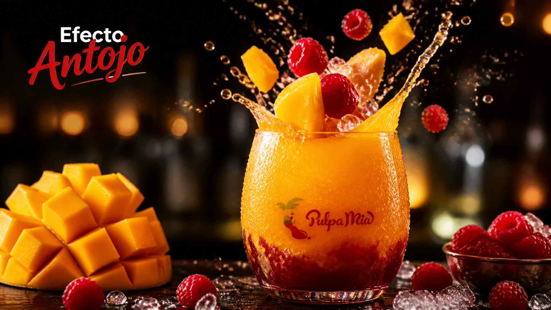 Pulpa de fruta para coctelería Pulpamia servida en bebidas tropicales