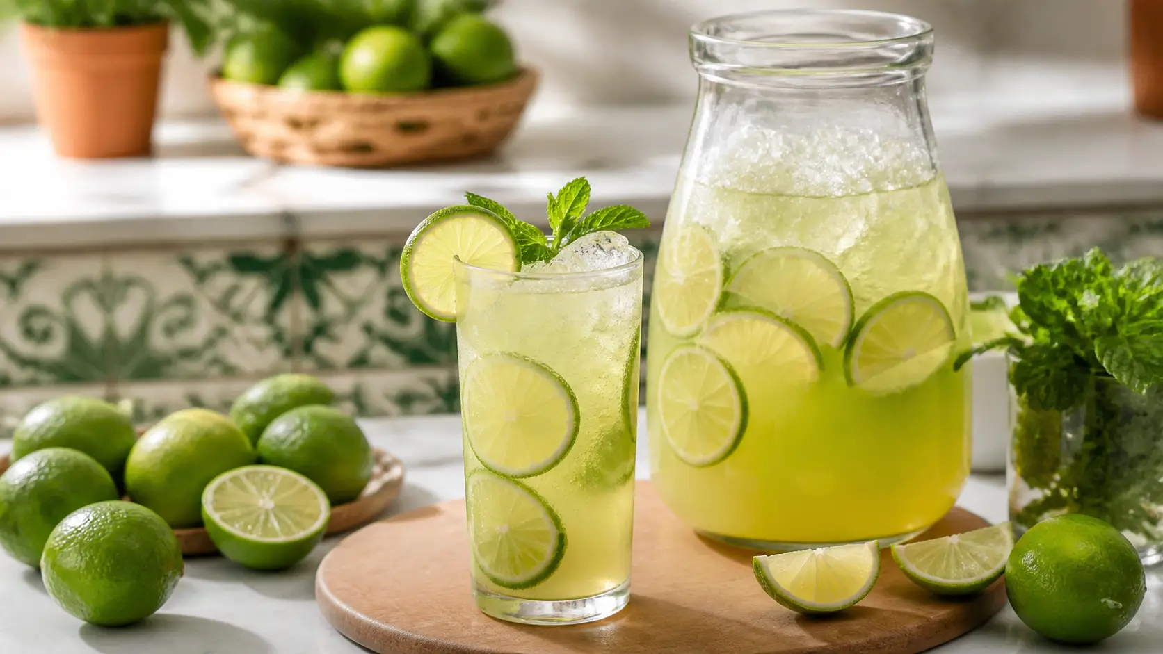 Agua fresca de limon con pulpa Pulpamia servida con hielo y limon