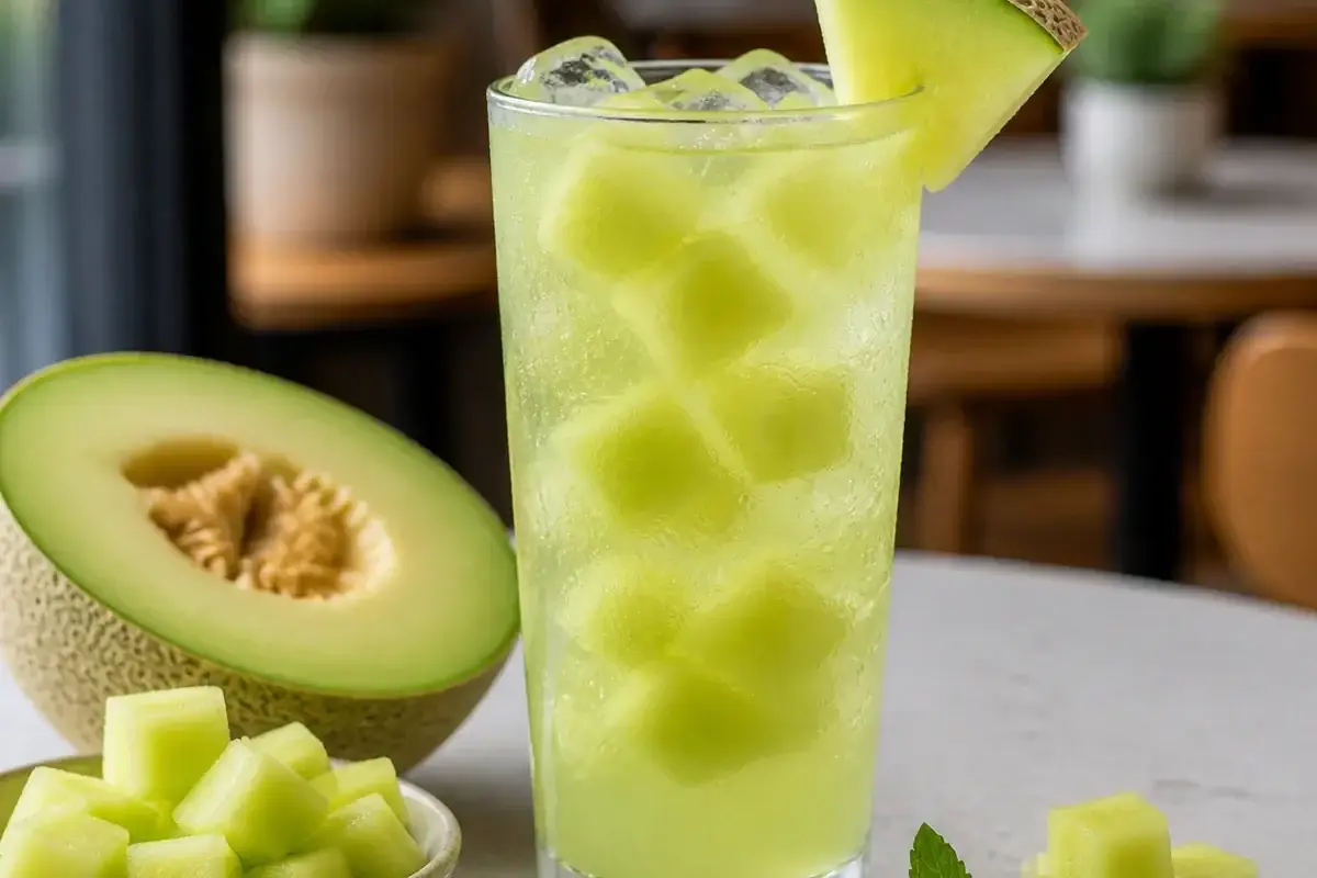 Agua fresca de melon con pulpa Pulpamia servida con hielo y melon fresco