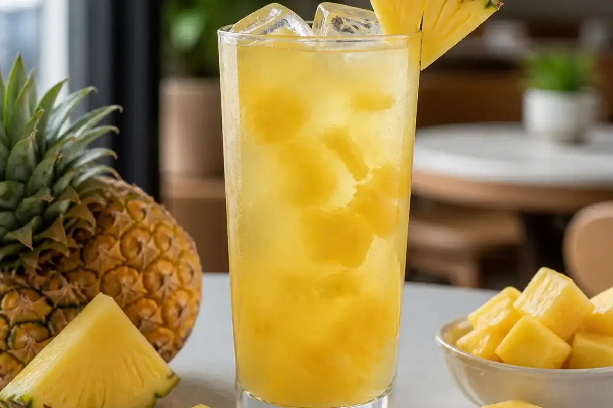 Agua fresca de pina con pulpa Pulpamia servida con hielo y pina fresca