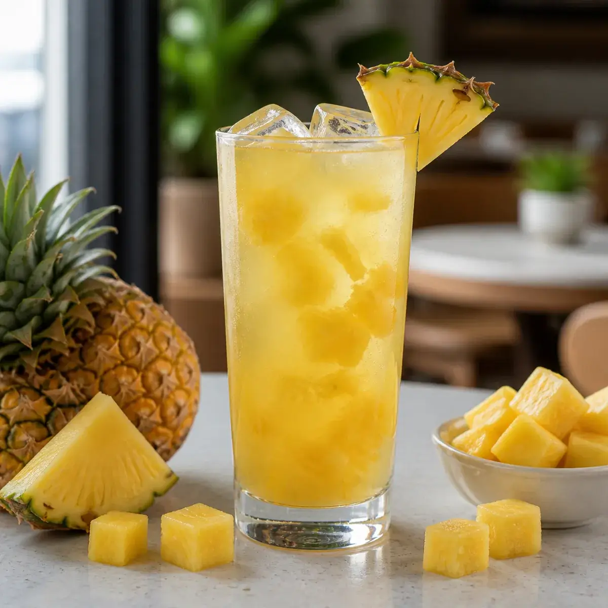 Agua fresca de pina con pulpa Pulpamia servida con hielo y pina fresca