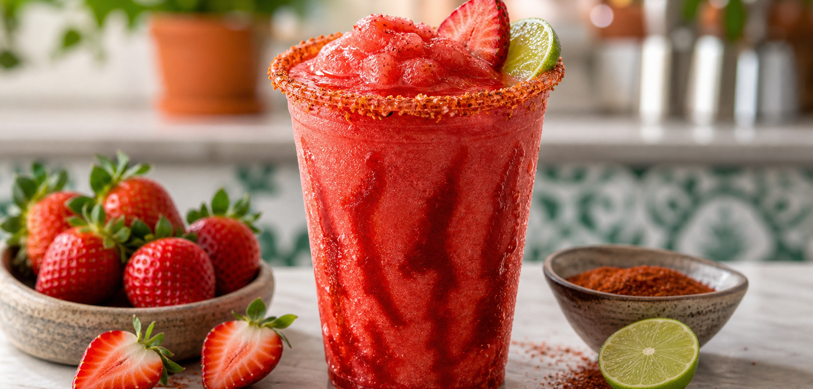Chamoyada de fresa con pulpa Pulpamia servida con chamoy y chile