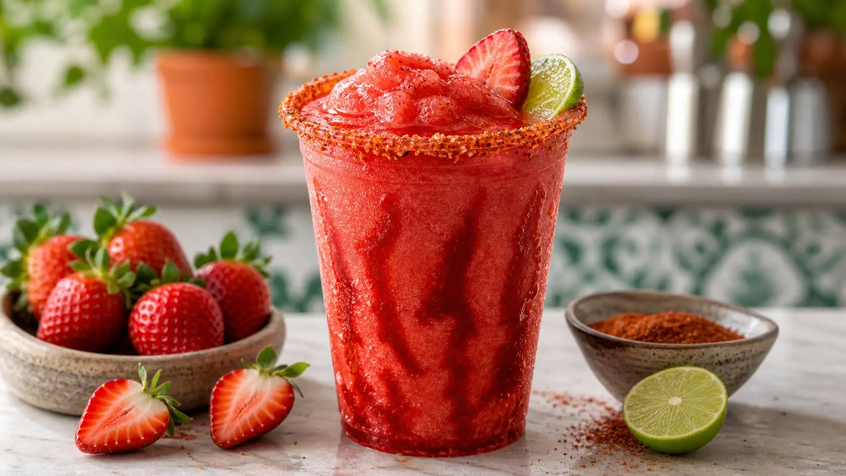 Chamoyada de fresa con pulpa Pulpamia servida con chamoy y chile