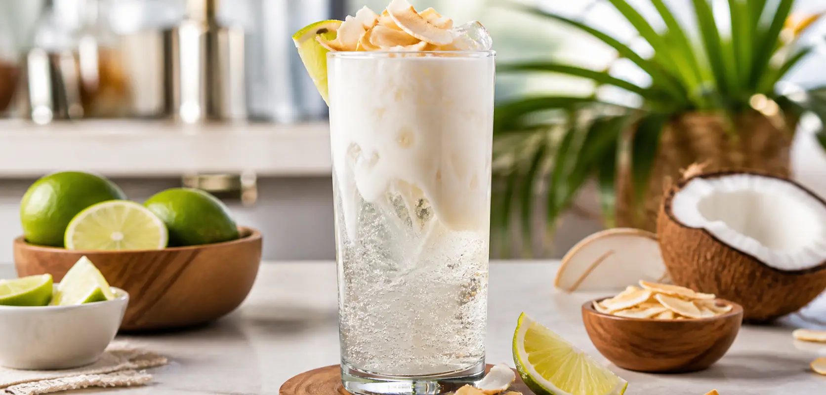 Dirty soda de coco con pulpa Pulpamia servida con hielo y crema de coco