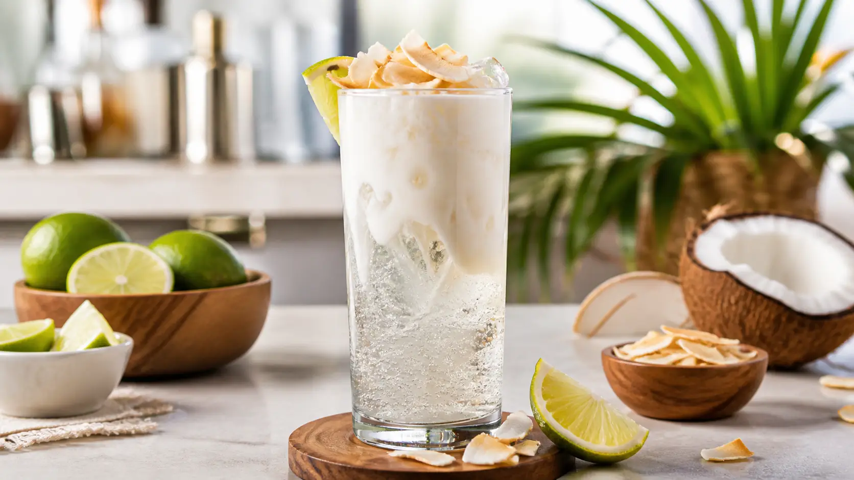 Dirty soda de coco con pulpa Pulpamia servida con hielo y crema de coco