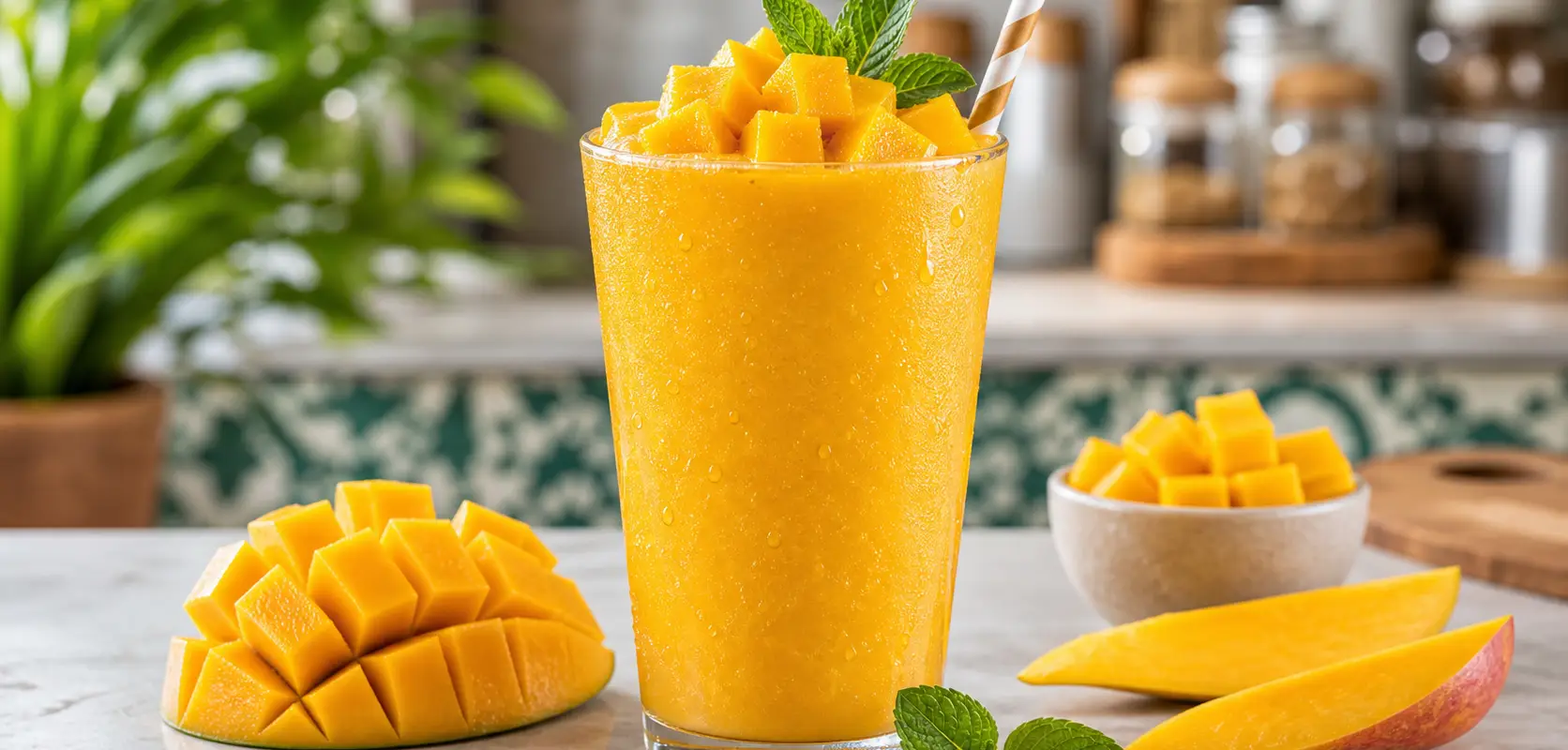 Frappe de mango con pulpa Pulpamia servido con mango natural