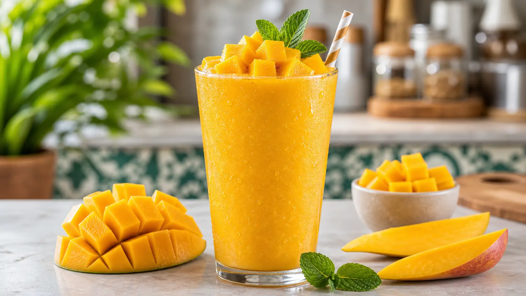 Frappe de mango con pulpa Pulpamia servido con mango natural