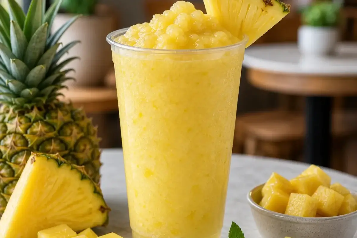 Frappe de pina con pulpa Pulpamia servido con hielo y pina fresca