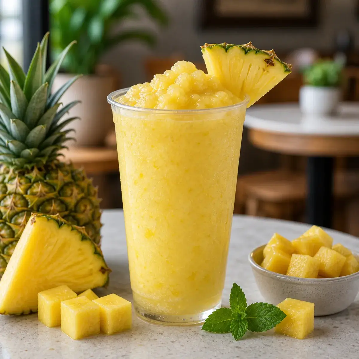 Frappe de pina con pulpa Pulpamia servido con hielo y pina fresca