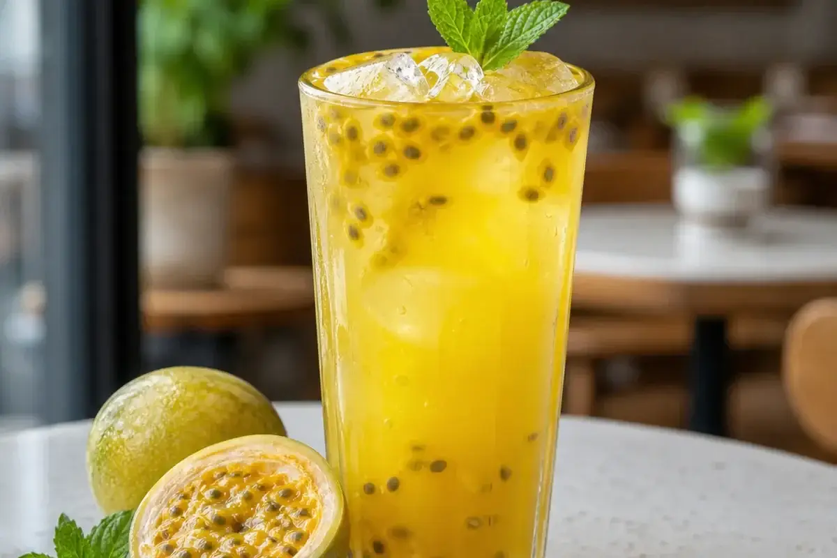 Mocktail de maracuya con pulpa Pulpamia servido con hielo y hierbabuena