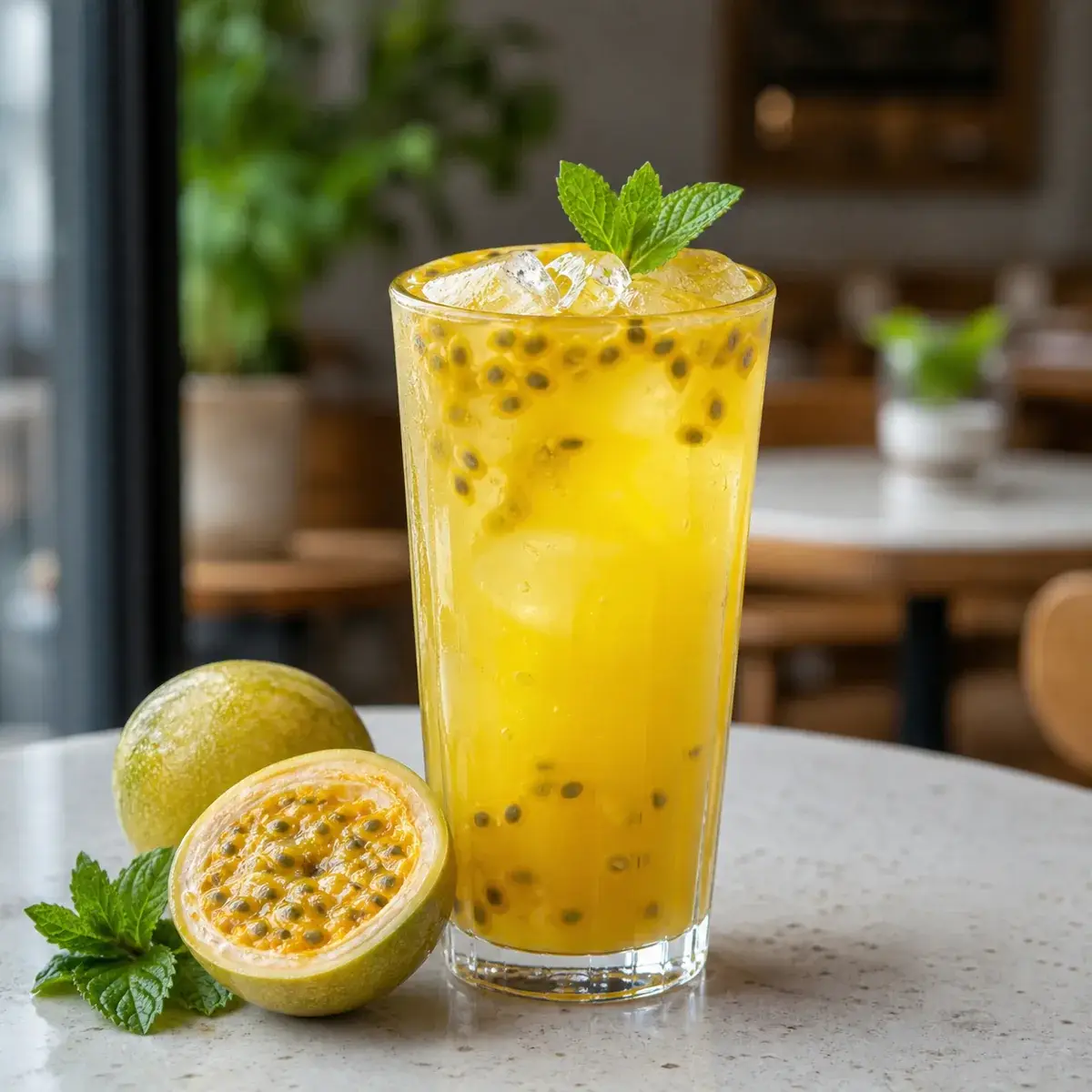 Mocktail de maracuya con pulpa Pulpamia servido con hielo y hierbabuena