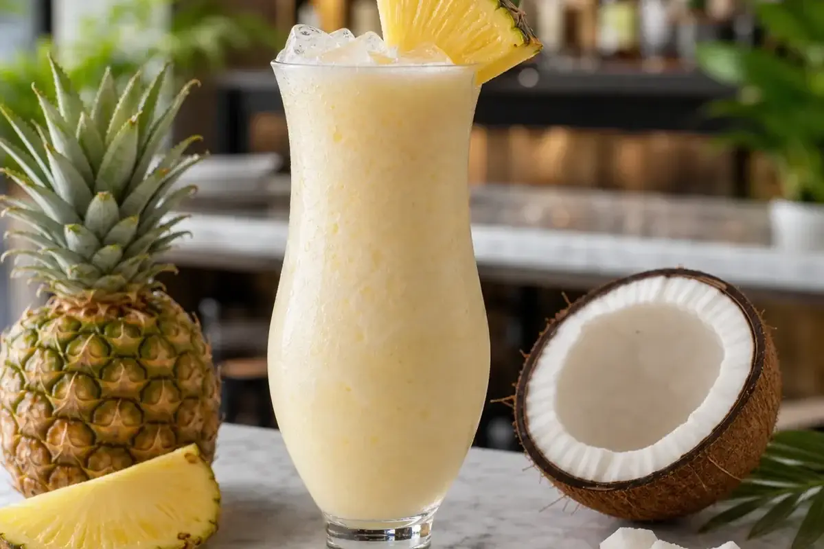 Mocktail de pina colada sin alcohol con pulpa Pulpamia en vaso de bar